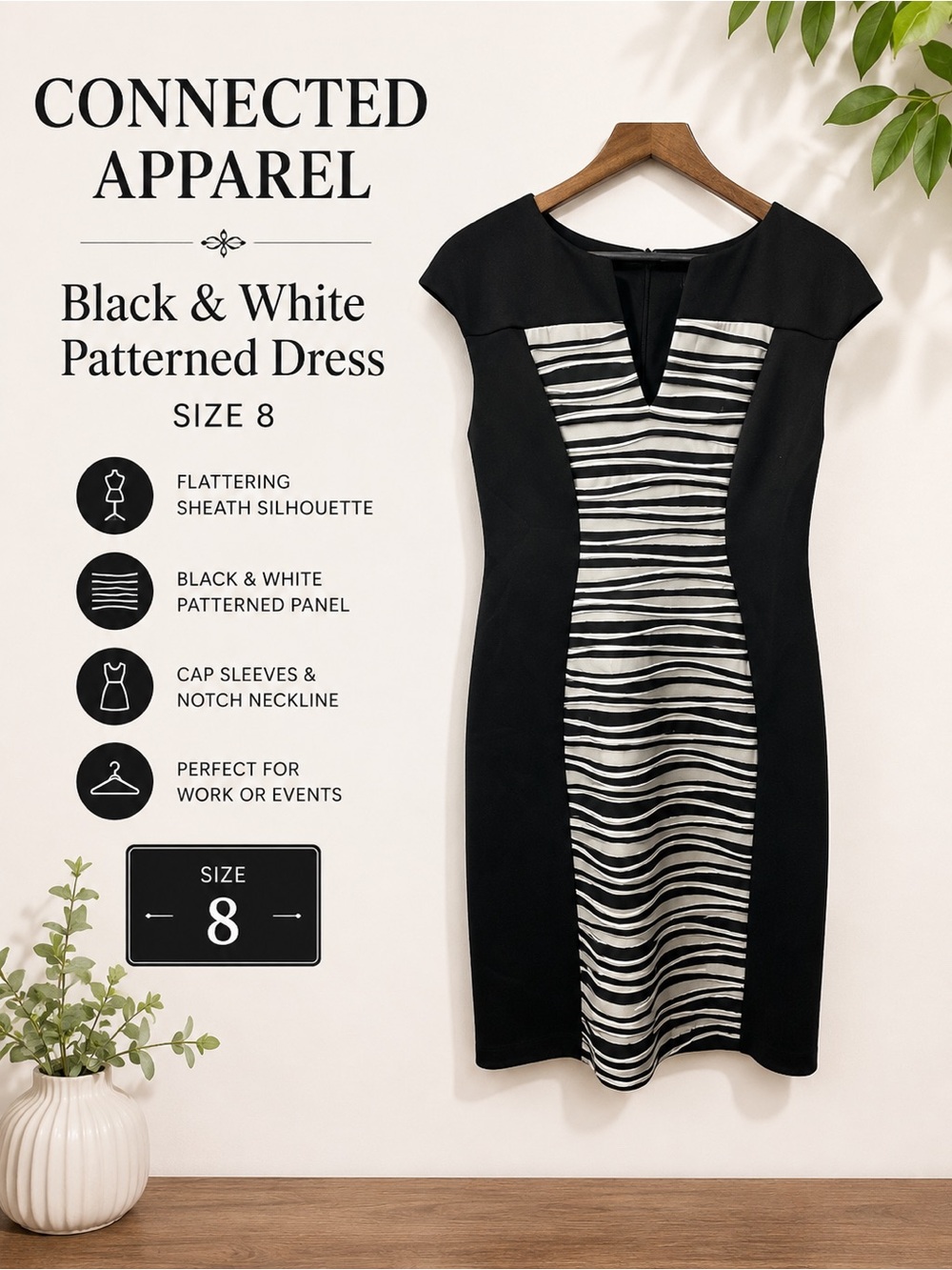 Connected Apparel Black & White Patterned Sheath Dress Size 8 Career Cocktail